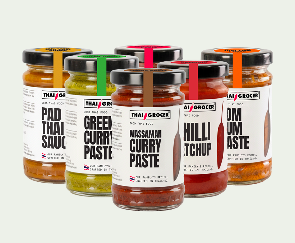 Thai Grocer Easy Cook curry pastes and sauces arranged together